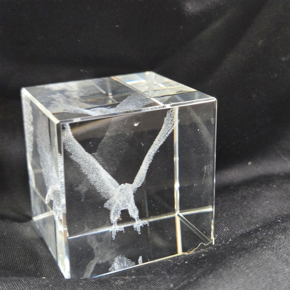 3D Laser Etched Bald Eagle Flying Crystal Glass Cube Paperweight